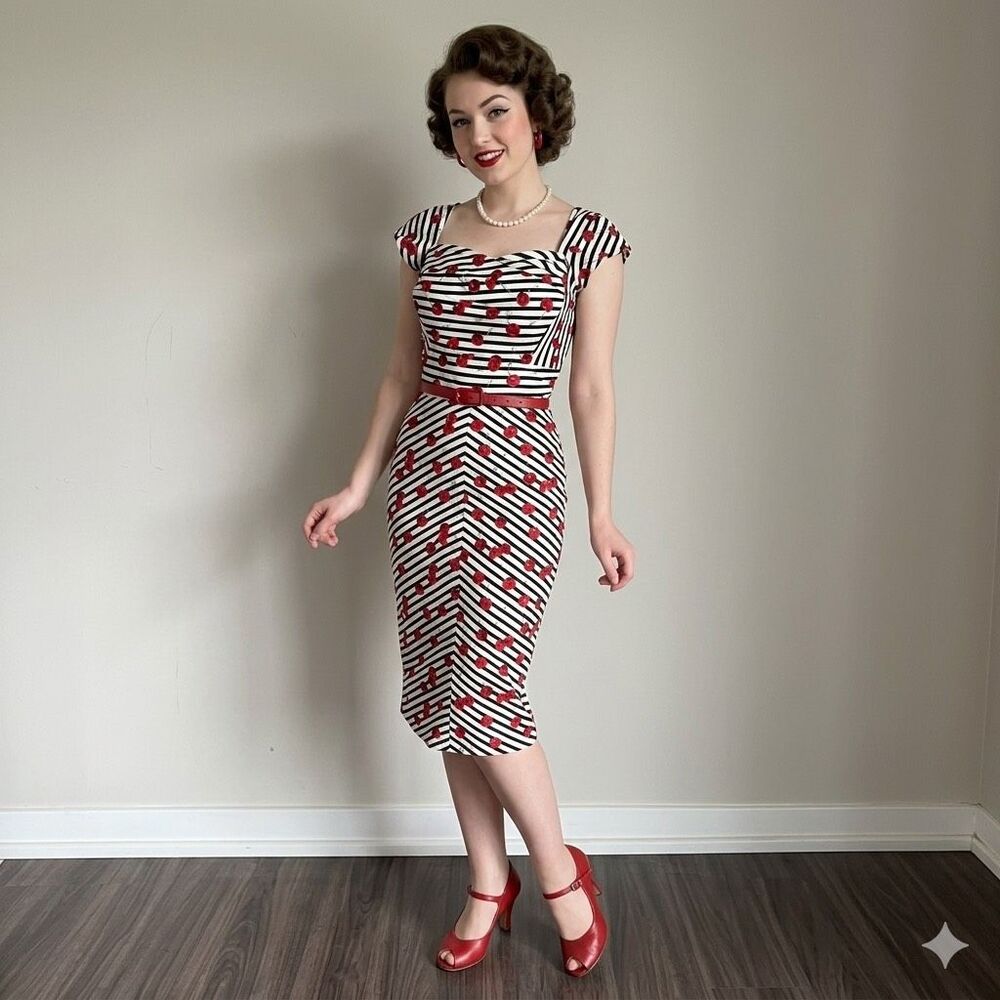 Stop Staring Retro 50s Rockabilly Cherry Print Stripe Pinup Wiggle Dress Bodycon